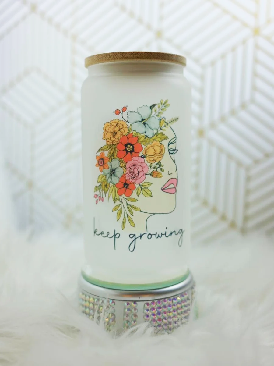 Floral Boho Girl- Keep Growing Inspired Libby Glass Can 16oz Frosted Glass Can with Bamboo Lid & glass straw.