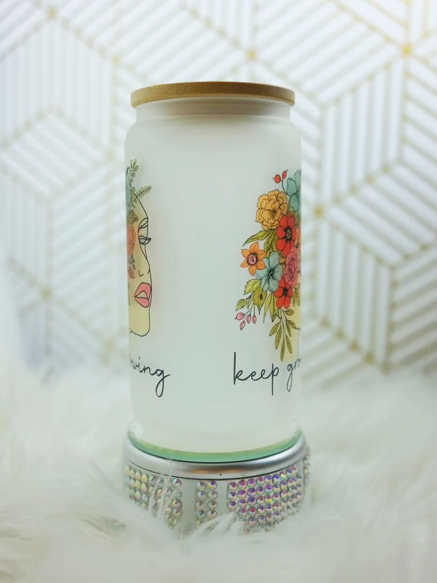 Floral Boho Girl- Keep Growing Inspired Libby Glass Can 16oz Frosted Glass Can with Bamboo Lid & glass straw.