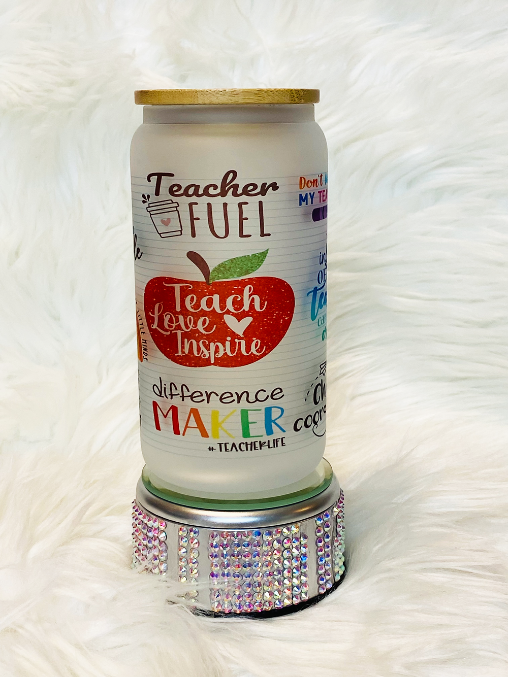 Teacher  Libby Glass Can 16 oz with bamboo lid & glass straw